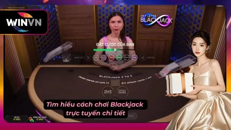 Blackjack WINVN với bàn Infinite Blackjack, chip cược và các cửa cược phụ.