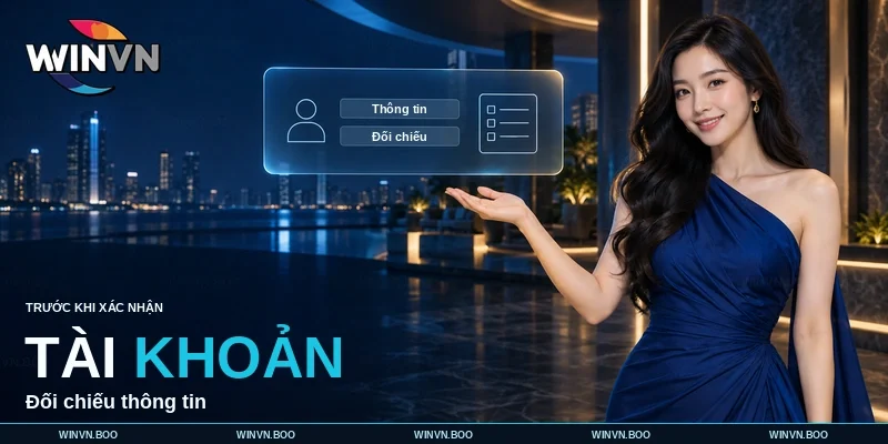 Tài khoản WINVN với các mục thông tin và bước đối chiếu trước khi xác nhận